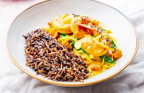 Freshwater Shrimp Curry, Butternut Squash, Mango, and Black Sesame